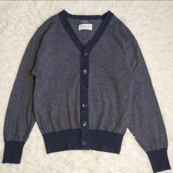 William Lockie Striped Wool Cardigan navy grey - Picture 1 of 9